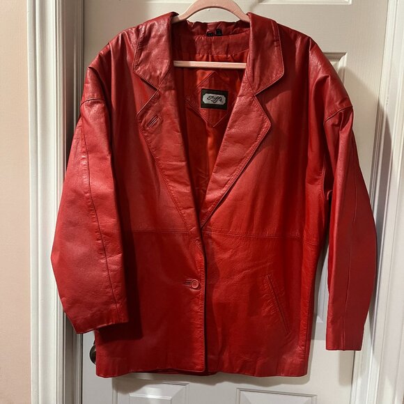 Toffs Vintage Red Genuine Leather Blazer Jacket Retro Holiday Women's Medium - Picture 2 of 9
